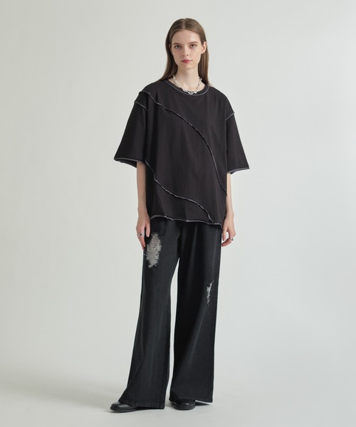 selle glant(セレグランテ)の「SWITCHUNG DESIGN T/キリカエデザインルーズTシャツ(Tシャツ/カットソー・メンズ・ブラック/オフホワイト/グレイッシュブルー・MEDIUM/LARGE)」の8枚目の写真