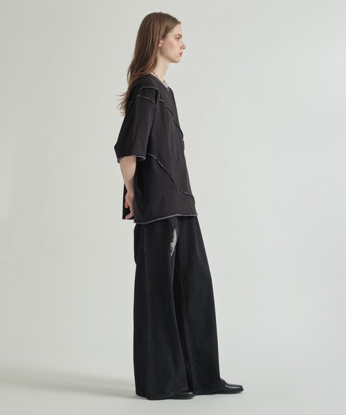 selle glant(セレグランテ)の「SWITCHUNG DESIGN T/キリカエデザインルーズTシャツ(Tシャツ/カットソー・メンズ・ブラック/オフホワイト/グレイッシュブルー・MEDIUM/LARGE)」の9枚目の写真