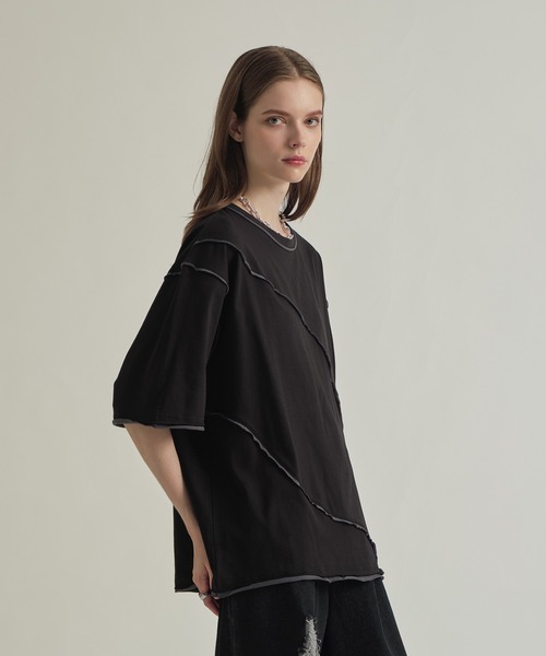 selle glant(セレグランテ)の「SWITCHUNG DESIGN T/キリカエデザインルーズTシャツ(Tシャツ/カットソー・メンズ・ブラック/オフホワイト/グレイッシュブルー・MEDIUM/LARGE)」の6枚目の写真