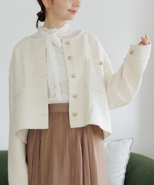flower（フラワー）の「ベイビーツイードジャケット（ノーカラージャケット・レディース・ホワイト/ピンク・FREE）」の2枚目の写真
