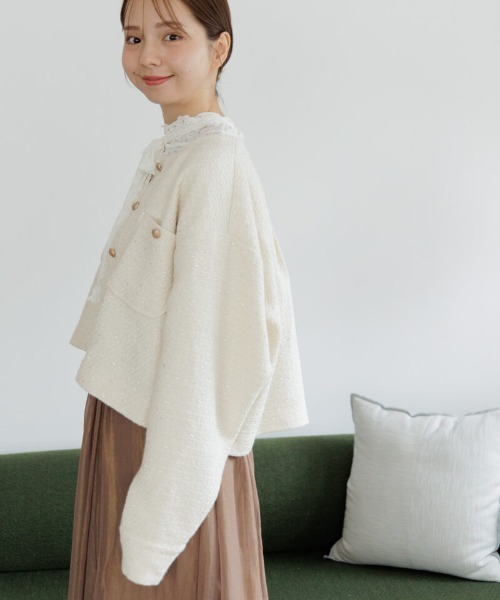 flower（フラワー）の「ベイビーツイードジャケット（ノーカラージャケット・レディース・ホワイト/ピンク・FREE）」の4枚目の写真