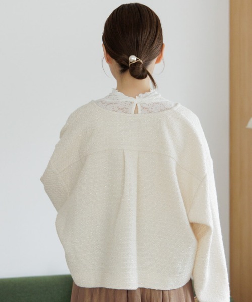 flower（フラワー）の「ベイビーツイードジャケット（ノーカラージャケット・レディース・ホワイト/ピンク・FREE）」の5枚目の写真