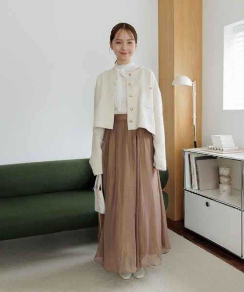 flower（フラワー）の「ベイビーツイードジャケット（ノーカラージャケット・レディース・ホワイト/ピンク・FREE）」の6枚目の写真