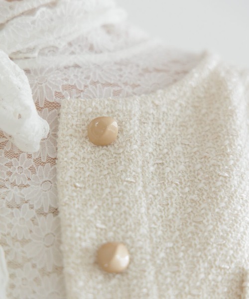 flower（フラワー）の「ベイビーツイードジャケット（ノーカラージャケット・レディース・ホワイト/ピンク・FREE）」の10枚目の写真
