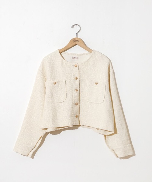 flower（フラワー）の「ベイビーツイードジャケット（ノーカラージャケット・レディース・ホワイト/ピンク・FREE）」の19枚目の写真