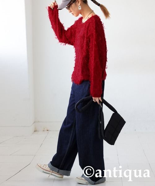 antiqua(アンティカ)の「フリンジシアーニット(ニット/セーター・レディース・ブルー/レッド/ダークグレー/ブラック・ONESIZE)」の16枚目の写真