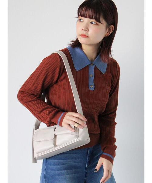 ehka sopo(エヘカソポ)の「配色ポロニット(ニット/セーター・レディース・ブラウン/キナリ/ネイビー・F)」の1枚目の写真
