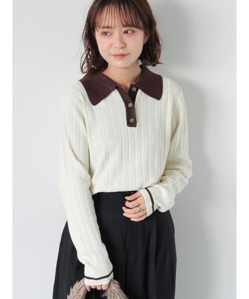 ehka sopo(エヘカソポ)の「配色ポロニット(ニット/セーター・レディース・ブラウン/キナリ/ネイビー・F)」の2枚目の写真