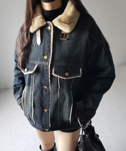 daboro デニムジャケット ファー付き デニム&エコファードッキングデザインジャケット デニム