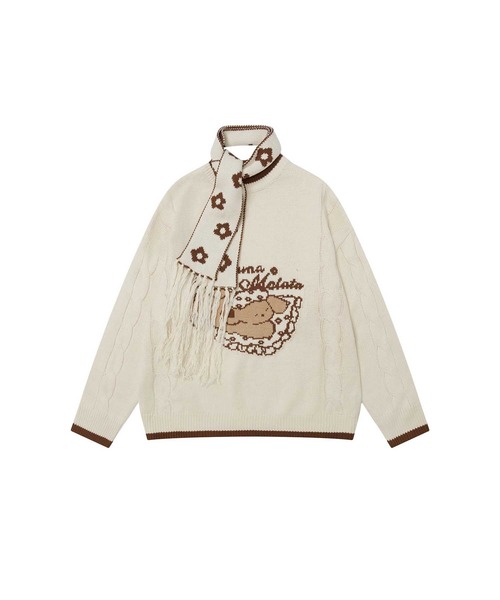HOOK(フック)の「HOOK -select- マフラー付き犬イラストジャカードニット(ニット/セーター・メンズ・ベージュ/チョコ・LARGE/MEDIUM)」の2枚目の写真