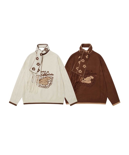 HOOK(フック)の「HOOK -select- マフラー付き犬イラストジャカードニット(ニット/セーター・メンズ・ベージュ/チョコ・LARGE/MEDIUM)」の12枚目の写真