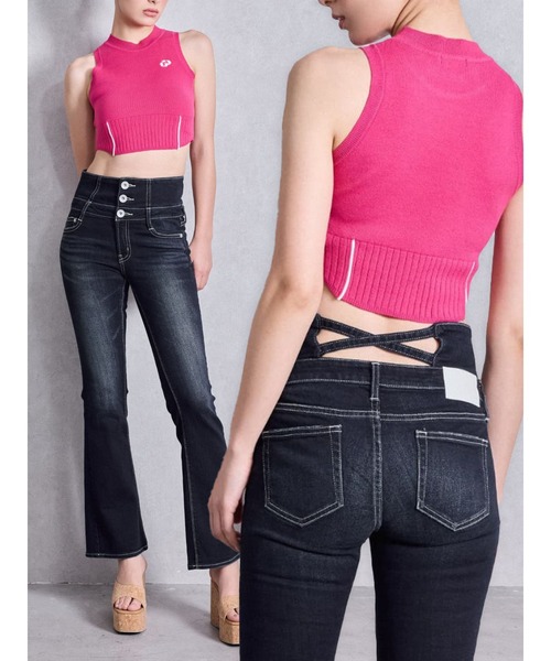 GYDA（ジェイダ）の「NEWハイウエストBACKクロスフレアパンツ（デニムパンツ・レディース・ブラック/ライトブルー/インディゴブルー・X-SMALL/SMALL/MEDIUM）」の3枚目の写真