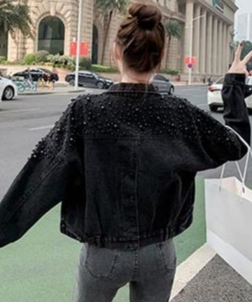 Ritzy(リッツィー)の「パールビーズデザイン ショート丈 デニムジャケット Gジャン(デニムジャケット・レディース・ブルー/ブラック・M/L/XL)」の7枚目の写真