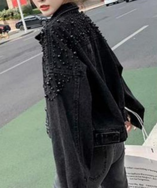 Ritzy(リッツィー)の「パールビーズデザイン ショート丈 デニムジャケット Gジャン(デニムジャケット・レディース・ブルー/ブラック・M/L/XL)」の8枚目の写真