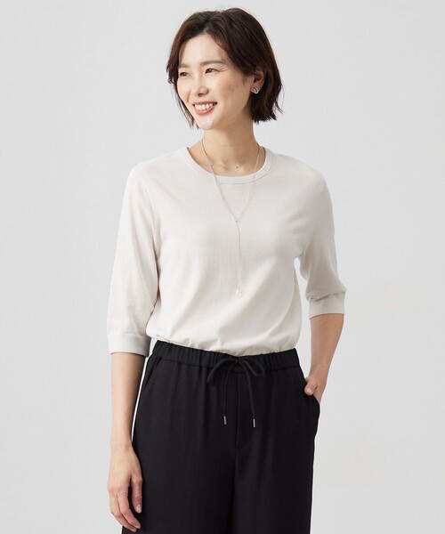 J.PRESS(ジェイプレス)の「【洗える】BASIC HT COTTON クールネック プルオーバー(ニット/セーター・レディース・ネイビー系/ライトグリーン系/オレンジ系/ベージュ系・T15/T13)」の2枚目の写真