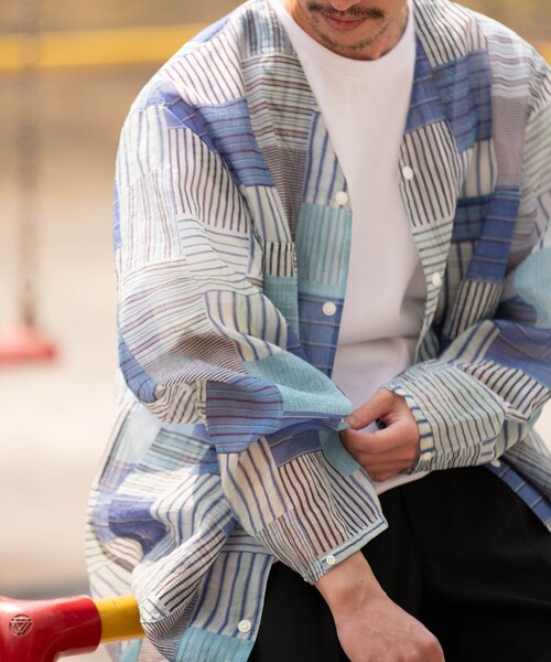 SHIPS any（シップス エニィ）の「【SHIPS any別注】迷迭香: シアー メッシュ プリント ノーカラー シャツ ジャケット◇（シャツ/ブラウス・メンズ・ベージュ/ブルー/ブラック・02/03）」の3枚目の写真