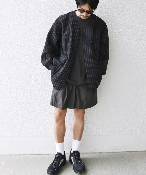 SHIPS any（シップス エニィ）の「【SHIPS any別注】迷迭香: シアー メッシュ プリント ノーカラー シャツ ジャケット◇（シャツ/ブラウス・メンズ・ベージュ/ブルー/ブラック・02/03）」の4枚目の写真