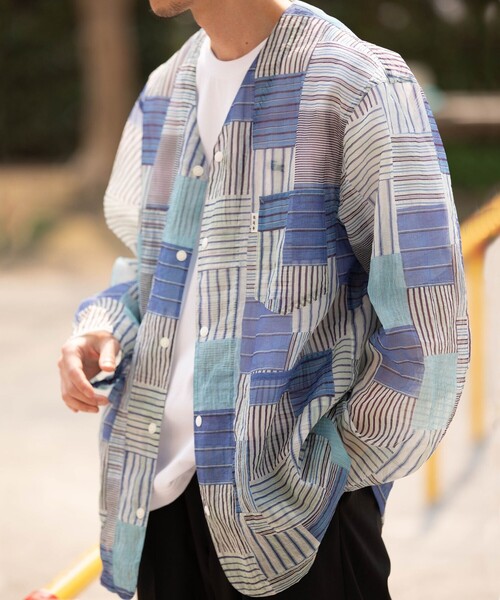 SHIPS any（シップス エニィ）の「【SHIPS any別注】迷迭香: シアー メッシュ プリント ノーカラー シャツ ジャケット◇（シャツ/ブラウス・メンズ・ベージュ/ブルー/ブラック・02/03）」の18枚目の写真