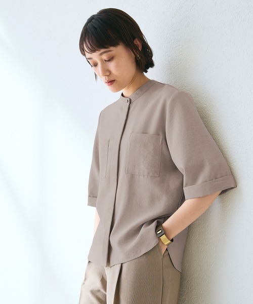 CROSS FUNCTION（クロスファンクション）の「《シワになりにくい》サマナチュラ リネンライクバンドカラーハーフスリーブブラウス【CF/クロスファンクション】（シャツ/ブラウス・レディース・ライトベージュ/ブルー/チャコールグレー/モカ/ミント・LL/L/M）」の15枚目の写真