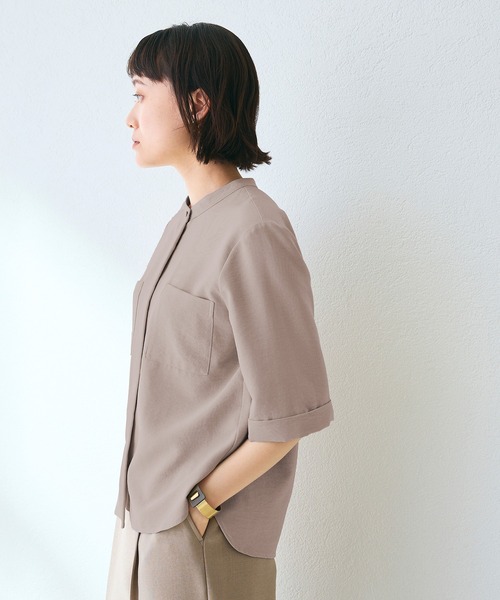 CROSS FUNCTION（クロスファンクション）の「《シワになりにくい》サマナチュラ リネンライクバンドカラーハーフスリーブブラウス【CF/クロスファンクション】（シャツ/ブラウス・レディース・ライトベージュ/ブルー/チャコールグレー/モカ/ミント・LL/L/M）」の14枚目の写真