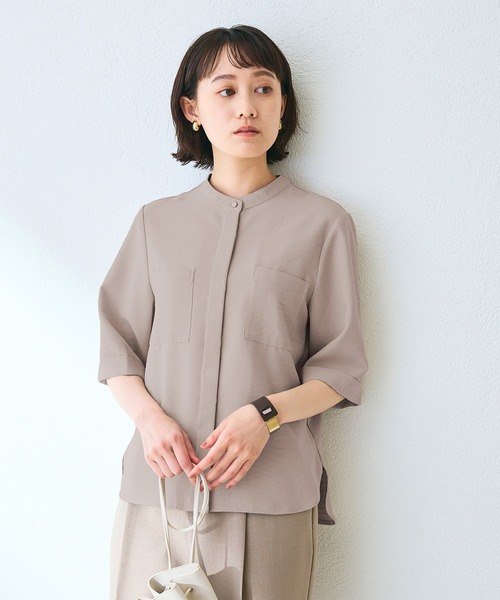 CROSS FUNCTION（クロスファンクション）の「《シワになりにくい》サマナチュラ リネンライクバンドカラーハーフスリーブブラウス【CF/クロスファンクション】（シャツ/ブラウス・レディース・ライトベージュ/ブルー/チャコールグレー/モカ/ミント・LL/L/M）」の13枚目の写真