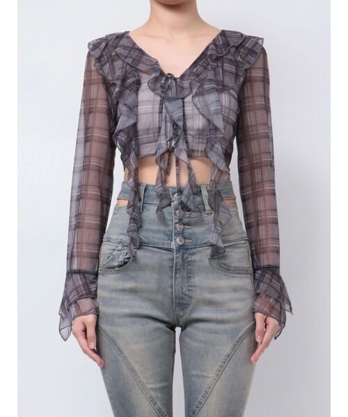 EMODA（エモダ）の「ラッフルハングクロップドブラウス（シャツ/ブラウス・レディース・グレー/ホワイト/ブルー・FREE）」の4枚目の写真