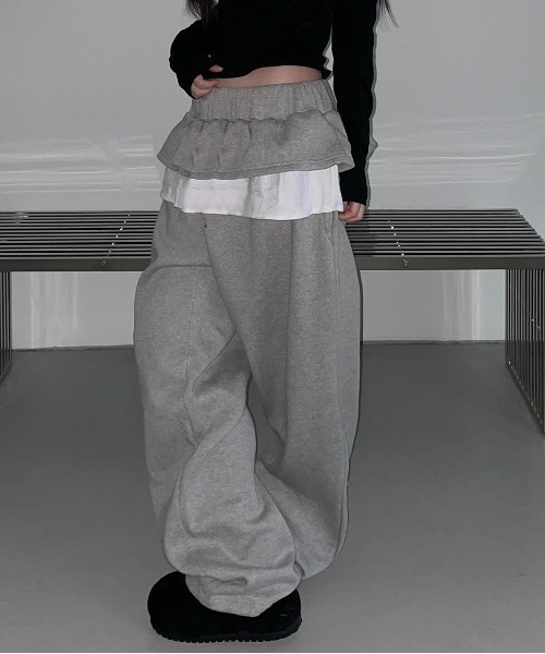 gossip!ロサンゼルス(ゴシップロサンゼルス)の「Y2K 配色ラッフルフリルワイドスウェットパンツ(スラックス・レディース・グレー/ブラック・FREE)」の13枚目の写真