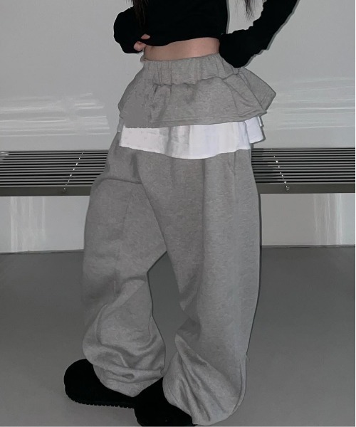 gossip!ロサンゼルス(ゴシップロサンゼルス)の「Y2K 配色ラッフルフリルワイドスウェットパンツ(スラックス・レディース・グレー/ブラック・FREE)」の12枚目の写真