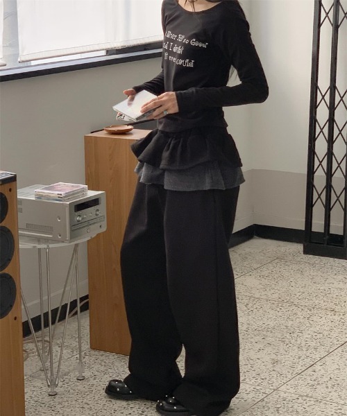 gossip!ロサンゼルス(ゴシップロサンゼルス)の「Y2K 配色ラッフルフリルワイドスウェットパンツ(スラックス・レディース・グレー/ブラック・FREE)」の14枚目の写真