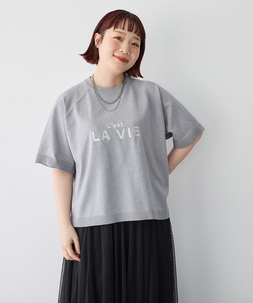 anyfee(エニフィー)の「【anyfee/プラスサイズ】刺繍ロゴ入り半袖ニットトップス(ニット/セーター・レディース・ネイビー/杢グレー・LL/3L/4L/5L)」の1枚目の写真