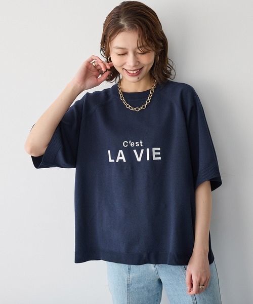 anyfee(エニフィー)の「【anyfee/プラスサイズ】刺繍ロゴ入り半袖ニットトップス(ニット/セーター・レディース・ネイビー/杢グレー・LL/3L/4L/5L)」の2枚目の写真