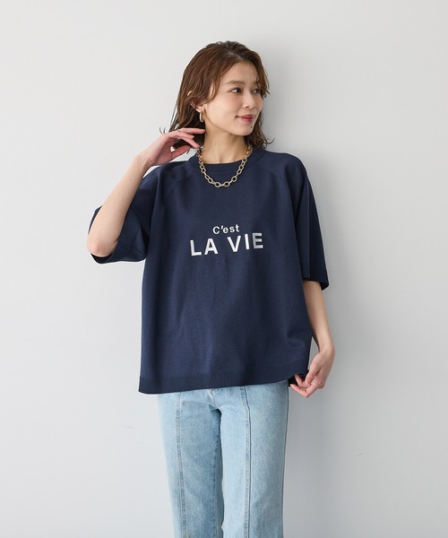 anyfee(エニフィー)の「【anyfee/プラスサイズ】刺繍ロゴ入り半袖ニットトップス(ニット/セーター・レディース・ネイビー/杢グレー・LL/3L/4L/5L)」の3枚目の写真