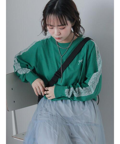 ehka sopo（エヘカソポ）の「袖レースロンT（Tシャツ/カットソー・レディース・ネイビー/グリーン/オフホワイト・F）」の3枚目の写真