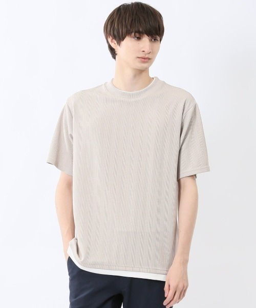 m.f.editorial(エムエフエディトリアル)の「【ストレッチ】m.f.エディトリアル メンズ ストライプ ジャガード クルーネック 半袖 Tシャツ(Tシャツ/カットソー・メンズ・ネイビー/アイボリー/ベージュ・MEDIUM/LARGE/X-LARGE)」の2枚目の写真