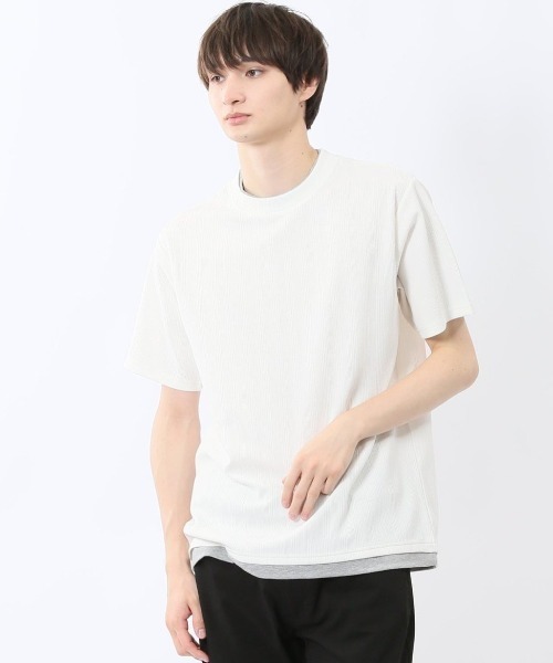 m.f.editorial(エムエフエディトリアル)の「【ストレッチ】m.f.エディトリアル メンズ ストライプ ジャガード クルーネック 半袖 Tシャツ(Tシャツ/カットソー・メンズ・ネイビー/アイボリー/ベージュ・MEDIUM/LARGE/X-LARGE)」の1枚目の写真