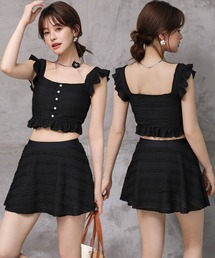 TeddyShop(テディショップ)のレディース水着 ボタンビスチェ風フリルスカート付きハイウエストビキニ 上下2点セット(水着)