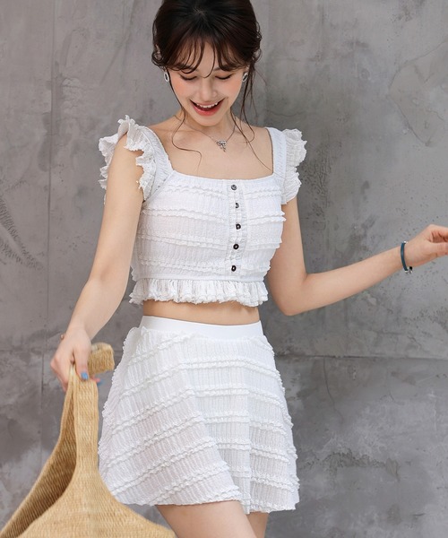 TeddyShop（テディショップ）の「レディース水着 ボタンビスチェ風フリルスカート付きハイウエストビキニ 上下2点セット（水着・レディース・ホワイト/ブラック・S/M/L/LL）」の7枚目の写真