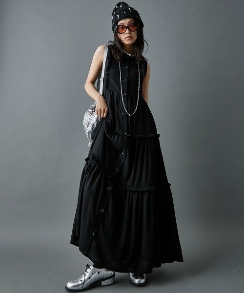 関税送料込【MAC DUGGAL】ロング ワンピース フリンジ ブラック セール】レーヨン麻フリンジティアードロングワンピース<大きい