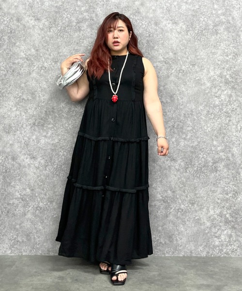 セール】レーヨン麻フリンジティアードロングワンピース＜大きい