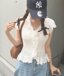 極美品♡エムプルミエ　クチュール　フリルネック 半袖ニット ホワイト 極美品♡エムプルミエ クチュール フリルネック 半袖ニット