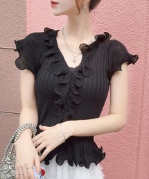 CHARME BY MICOLA（シャルムバイミコラ）の「バレエコア♪華やかなフロントフリルのVネックサマーニットソー（ニット/セーター）」