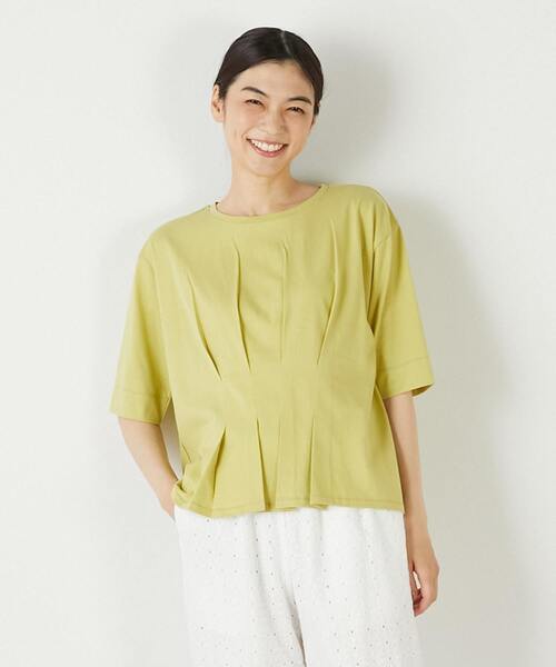 MELROSE claire(メルローズ クレール)の「【接触冷感加工ウエストタックデザインカットプル】(Tシャツ/カットソー・レディース・ライトグレー/ダークネイビー/イエロー・FREE)」の3枚目の写真
