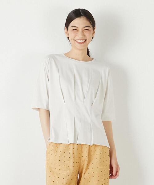 MELROSE claire(メルローズ クレール)の「【接触冷感加工ウエストタックデザインカットプル】(Tシャツ/カットソー・レディース・ライトグレー/ダークネイビー/イエロー・FREE)」の1枚目の写真
