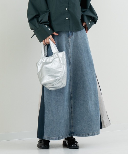 refinedworks(リファインドワークス)の「【refinedworks】異素材 使いが光る デニム 切替 ロング スカート(デニムスカート・レディース・ブルー/ブラック・FREE)」の4枚目の写真