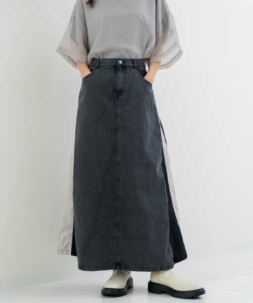 refinedworks(リファインドワークス)の「【refinedworks】異素材 使いが光る デニム 切替 ロング スカート(デニムスカート・レディース・ブルー/ブラック・FREE)」の8枚目の写真