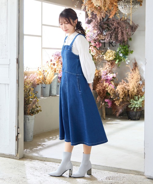 伸縮性◎】フレアデニムジャンパースカート（ジャンパースカート