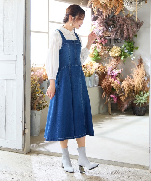 伸縮性◎】フレアデニムジャンパースカート（ジャンパースカート