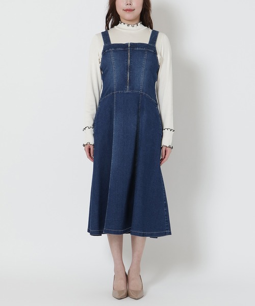 ローズティアラ　デニムとシフォン素材　ジャンパースカート　大きいサイズ セール】【伸縮性◎】フレアデニムジャンパースカート（ジャンパー