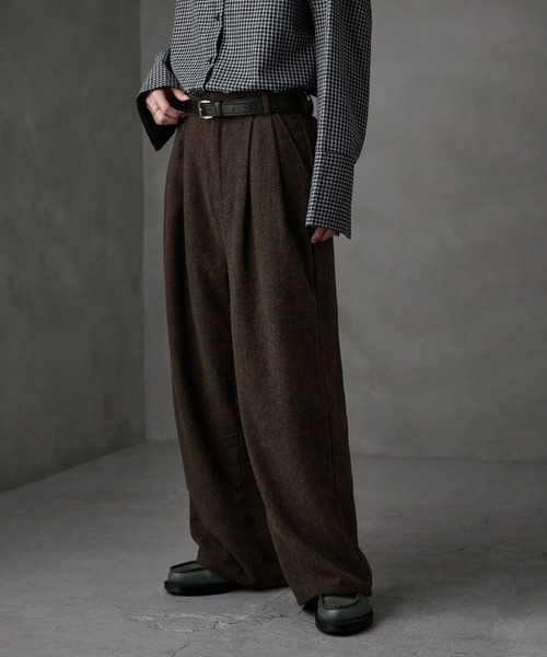 チェックツイードタックワイドパンツ（スラックス）｜etoll.（エトル