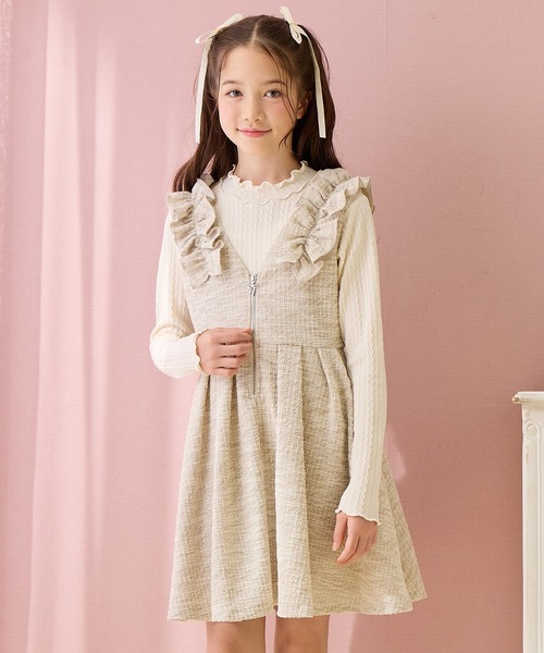 Amourire girl(アムリールガール)の「カットツイード ハーフジップジャンパースカート×リブニットソーセット(ワンピース・キッズ・ブラック/オフホワイト・130cm/140cm/150cm/160cm)」の14枚目の写真
